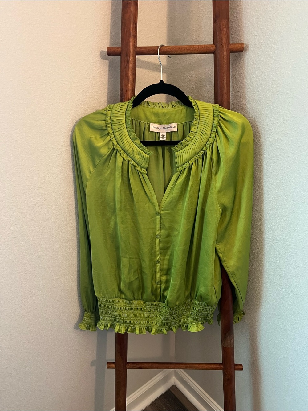 Catherine Malandrino Green Ruffled Silk-Blend Button Front Blouse